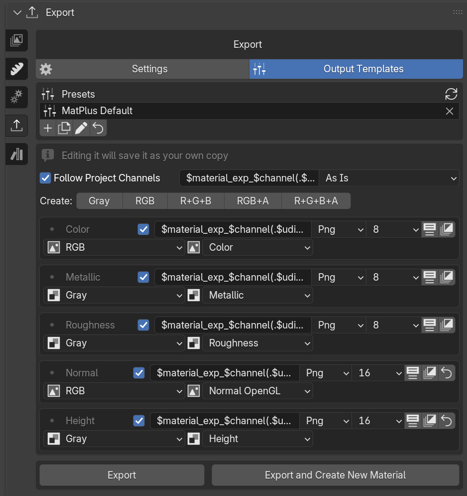 Output templates panel