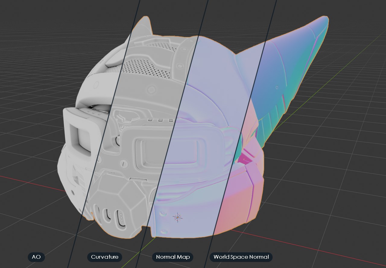 One helmet showing its AO, Curvature, Normal Map and World Space Normal bakes side by side